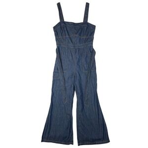 Anthropologie Ett:Twa Denim Jumpsuit Women's Blue Wide Leg Sleeveless Belted 10